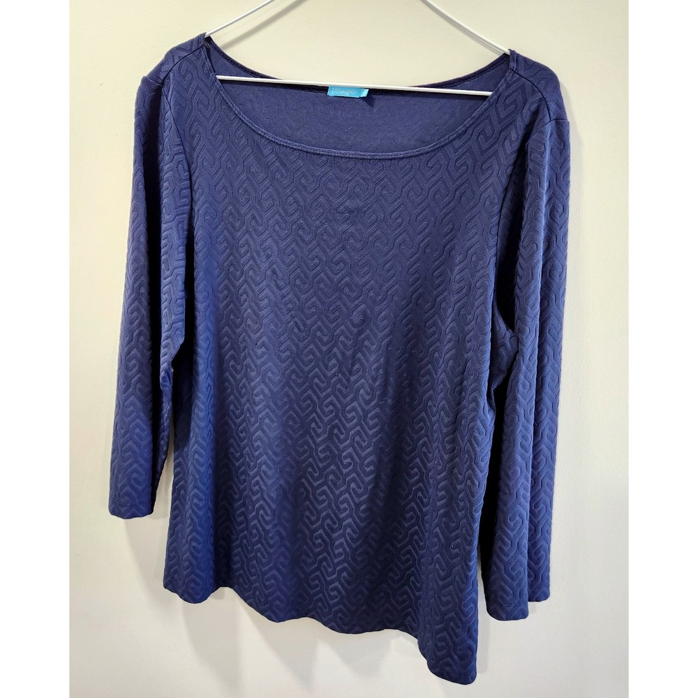 J.McLaughlin Navy Blue Textured‎ Jacquard Boat Neck 3/4 Sleeve Top Large